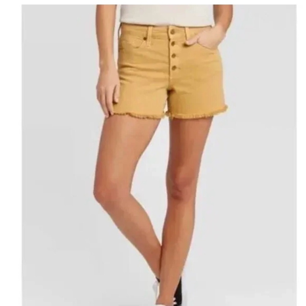 Vintage Sz 10 Mustard Gold High Waist Button Fly 4” Denim Shorts Granola Y2K